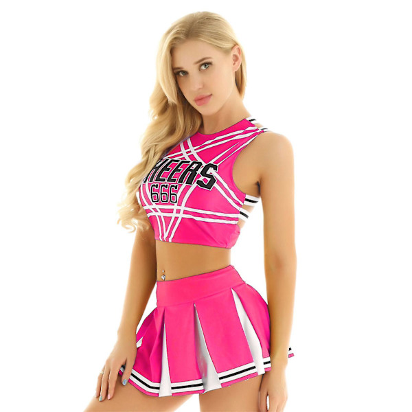 Kvinder Voksne Cheerleader Uniform Performance Outfit Japansk Skolepige Cosplay Kostume Ærmeløs Crop Top Mini Plisseret Nederdel -a Hot Pink B S