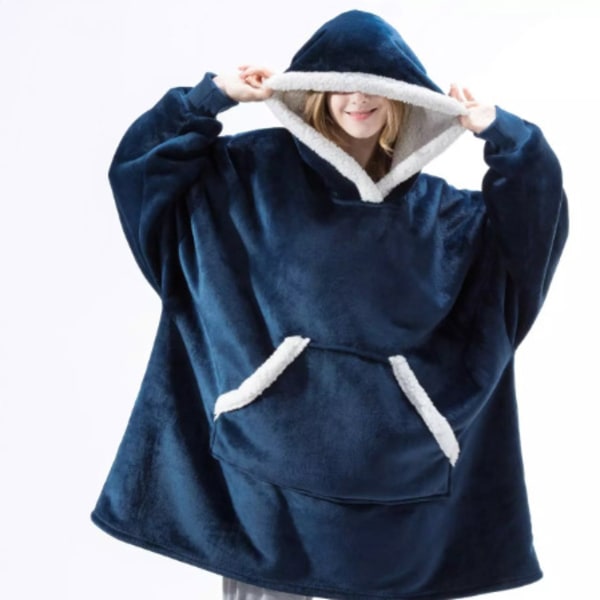 Mub- TV-fleece förtjockad förlängd pyjamas varm TV-filt utomhus kall morgonrock hoodie filt blue Length 80*130cm