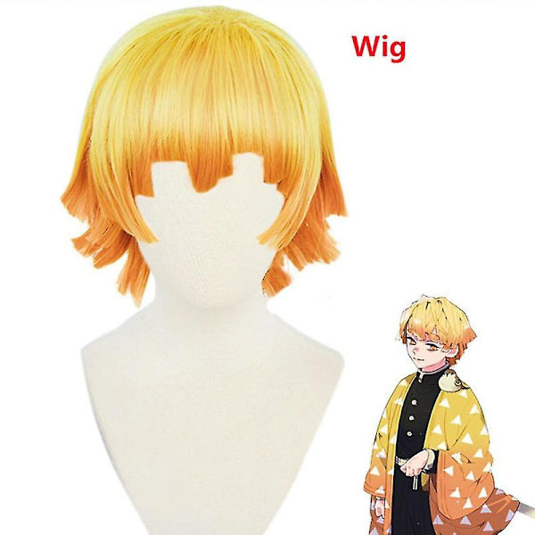 Adult Kids Anime Demon Slayer Kimetsu No Yaiba Agatsuma Zenitsu Cosplay Costumes Halloween Costume Kimono Anime Figure Suit Wig -a wig XXL