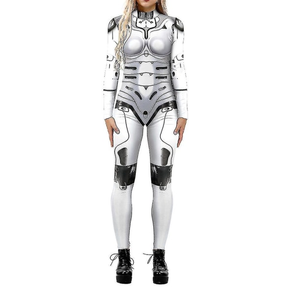 Halloween 3d Robot Printed Cosplay Jumpsuit Carnival Party Cyberpunk Playsuit Fancy Dress Costume Compatible Women Adult -a White L