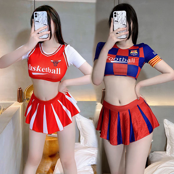 Mub- Hot lady New Sexy lingerie Female Halloween Cheerleader Costumes for Cosplay Party football team Messi jersey Red+White Free