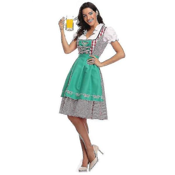 Hög kvalitet traditionell tysk pläd Dirndl klänning Oktoberfest kostym outfit för vuxna kvinnor Halloween fancy party Style3 Green XS