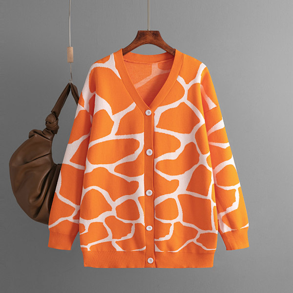 Mub- Syksy/talvi 2023 jacquard-neulevaatteet V-aukkoinen pitkä rivi kuviollinen löysä takki Orange-red one size