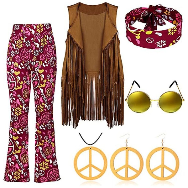 70'er Hippie Fest Retro Kostume Kvast Vest+bukser+tørklæde Sæt -a Wine red L