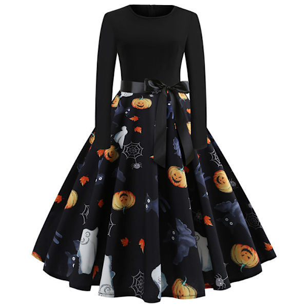 Mub- ZHEZHE Aikuisille Halloween-asu Pitkähihainen Naisten Mekot Painettu Maxi Naisten Mekko Naisten Halloween-vaatteet Vyöllä Halloween-1 2 XL