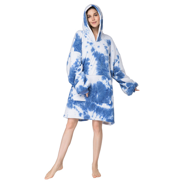Mub- Förtjockad pullover lat filt för att hålla varma hemkläder batikfärgad flanell lat kostym hoodie filt Blue - tie-dye