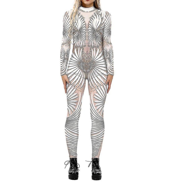 Halloween 3d Robot Printed Cosplay Jumpsuit Carnival Party Cyberpunk Playsuit Fancy Dress Costume Compatible Women Adult -a White Apricot M