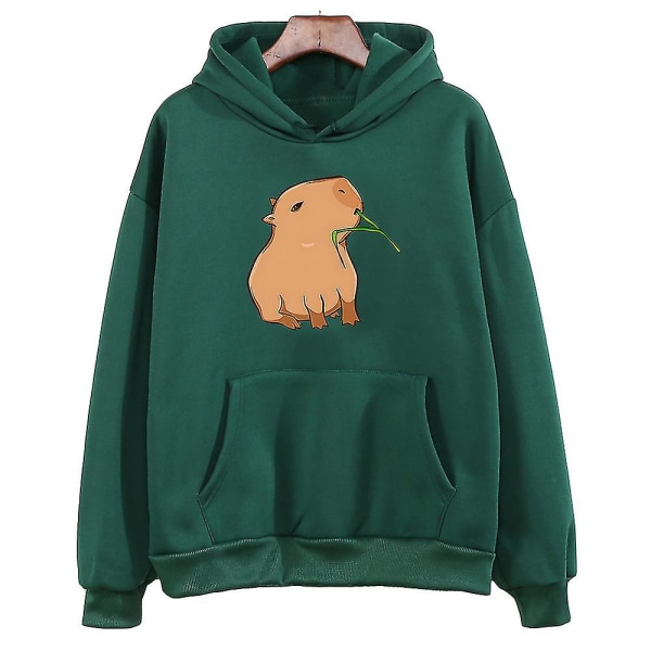 Morsom Capybara Print Hoodie Kvinner/menn Kawaii Tegneserie Topper Sweatshirt For Jenter Unisex Mote Harajuku Grafisk Hettegensere-G .i dark-green L