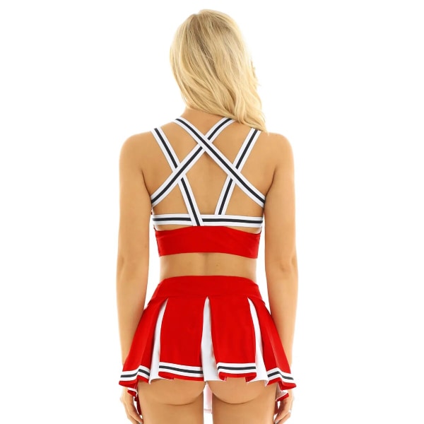 Kvinde Japansk Skolepige Cosplay Uniform Pige Sexy Lingeri Ærmeløs Crop Top med ini Plisseret Nederdel Cheerleader Kostume Sæt -a Navy Blue M