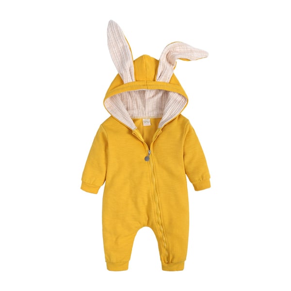 Mub- Easter Cartoon Bunny Ears Long Sleeve zipper clothing  One-piece Romper Rabbit Hooded Jumpsuit  Newborn Baby Bodysuit Yellow 90cm
