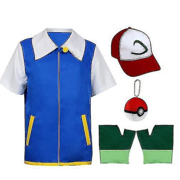 Men Anime Blue Jacket Costume Boys Girls Ash Ketchum Cosplay For Halloween Party Women Trainer Cap And Gloves Set -a xs