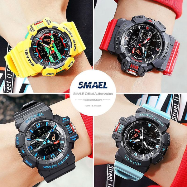 Smael Yellow Sport Elektroniska Digial Klockor Herr Väckarklocka Dual Time Watch Relogio Masculino Reloj Hombre Montre Blue-Box