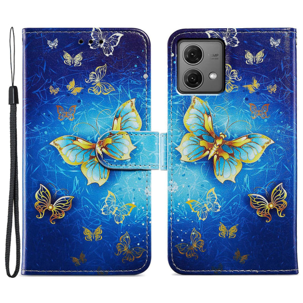 För Motorola Moto G84 5g Phone case Lädermönster Print Stand Cover med handledsrem Golden Butterfly