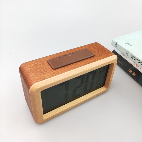 Digitalt LCD Vækkeur i Træ med Smart Sensor Natlys, Snooze, Dato, Temperatur og 12/24 timers funktion Solid Wood Double Color