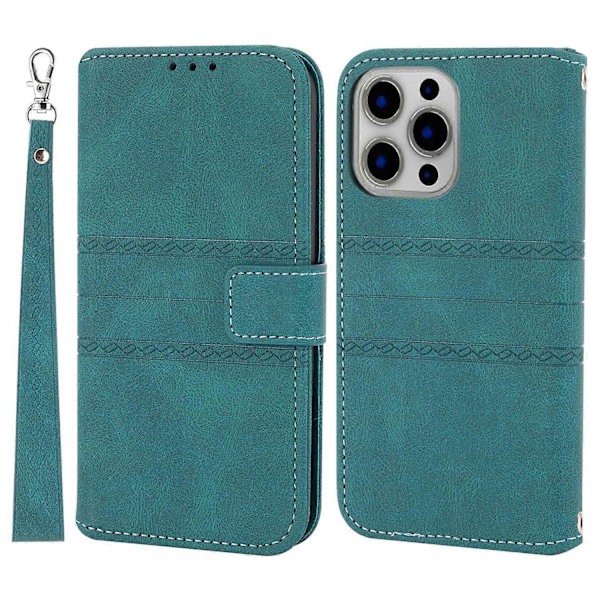 För iPhone 15 Pro Max Skal Präglat Läder Ställ Stöttåligt Telefonskal med Rem Multicolor Style B