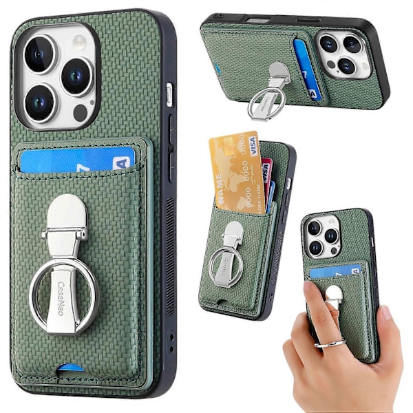 C1-9 Fodral till iPhone 16 Pro med Ställ Läder Kortfack Baksida Kolfibertextur- Multicolor Green