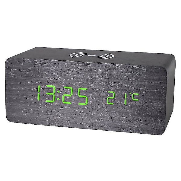 Trä Digital Väckarklocka Fm Radio,10w Snabb Trådlös Laddningsstation För Iphone/Samsung Galaxy,5 Level Dimmer, USB Laddningsport,2 Wake Up Sounds,bedr Green Grey
