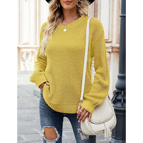 Dam 2023 Höst Casual Höst Våffelstickad tröja Lång ballongärmad lös tröja Mustard X-Large