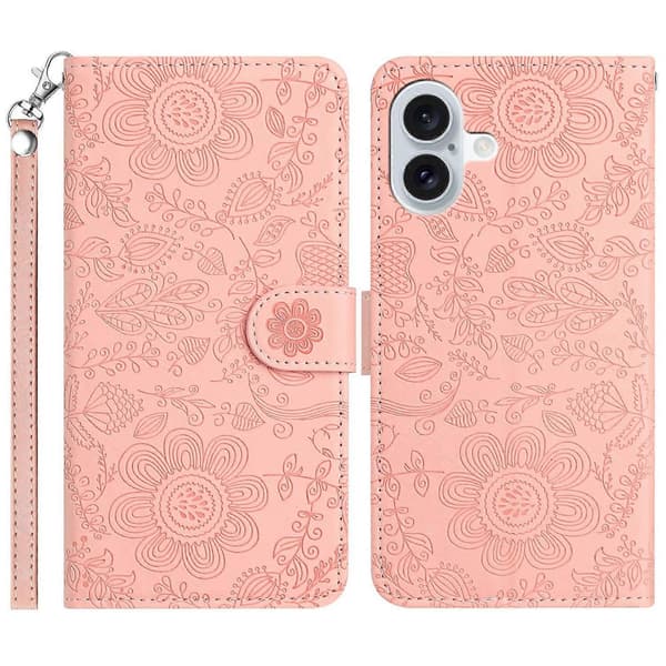 Fodral för iPhone 16 Plus med blomstermönster, plånboksfodral i läder med handledsrem Multicolor Style B