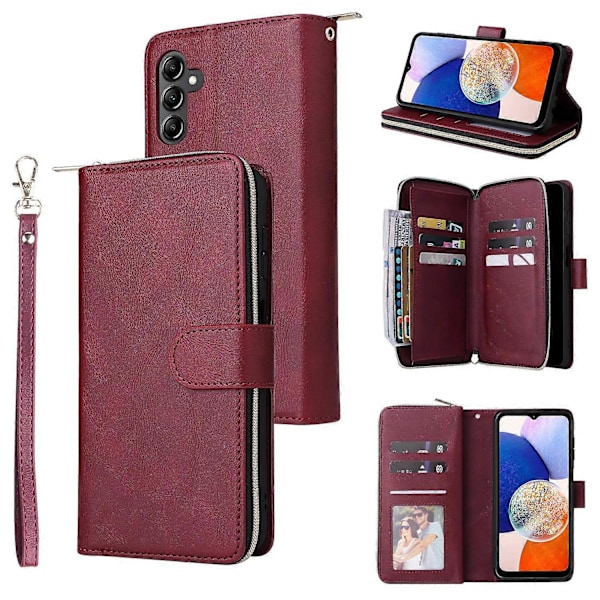 Til Samsung Galaxy A15 4G/A15 5G Læder Etui med 9 Kortlommer og Håndledsrem Multicolor Wine Red