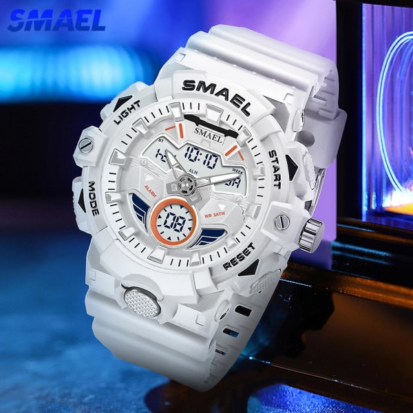 Smael Digital And Quartz Movement Män Sport Klockor Led Light Multifunktion Chrono Date Vattentät Analog Elektronisk Armbandsur Black White