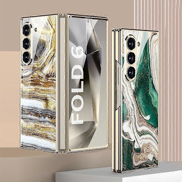 GKK Etui til Samsung Galaxy Z Fold6 5G Elektroplettering Marmormønster Hærdet Glas+PC Telefoncover Multicolor Style B