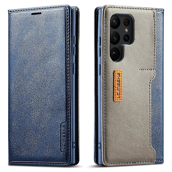Lc.imeeke Lc-001-serien för Samsung Galaxy S23 Ultra Color Splicing Pu-läderkorthållare Phone case Stativ Magnetisk Absorption Folio Cover Blue
