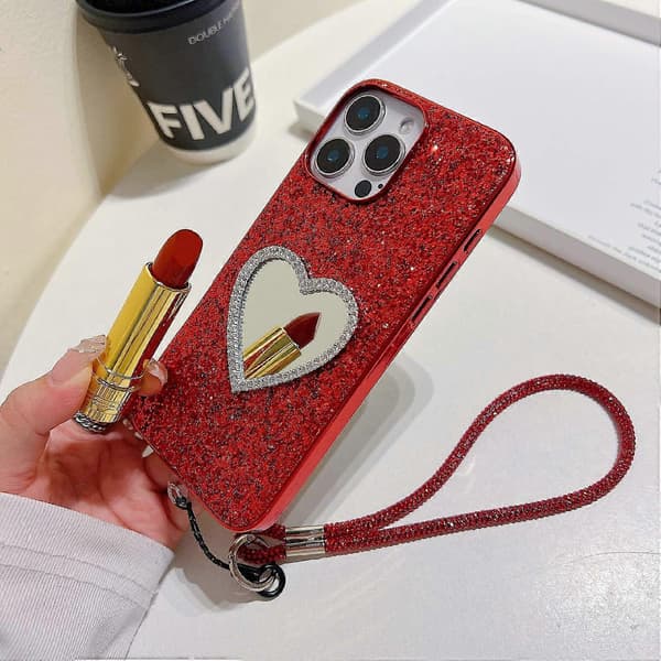 Deksel til iPhone 16 Pro Max med stropp, Speil TPU + PC glitrende glitter telefon bakdeksel Multicolor Silver