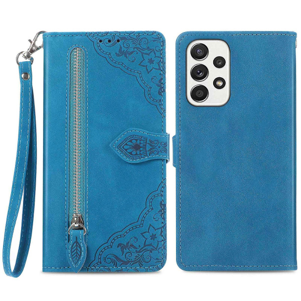 För Samsung Galaxy A23 5g / 4g Dragkedja Fickdesign Blommönstrat Pu-läderfodral Case Cover Blue