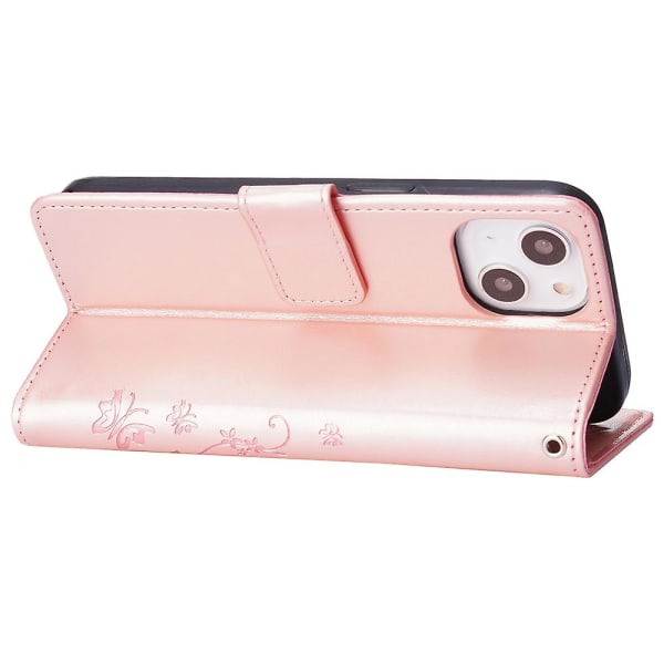 För Iphone 15 Plus Pu Läder Cover Phone case Imprinted Butterflies Shell Stand with rem Rose Gold
