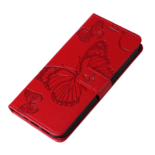 Læder Etui til Oppo A78 4g, Tegnebog Stand Præget Sommerfugl Telefon Cover Red