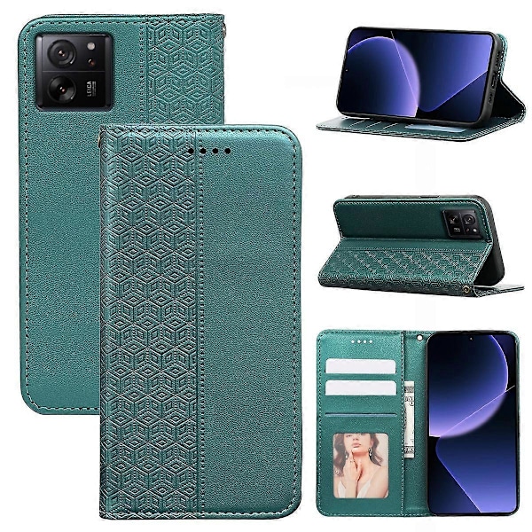 För Xiaomi 14T Plånboksfodral Stark Magnetisk Rutmönstrad Präglad Läder Flipfodral- Multicolor Green