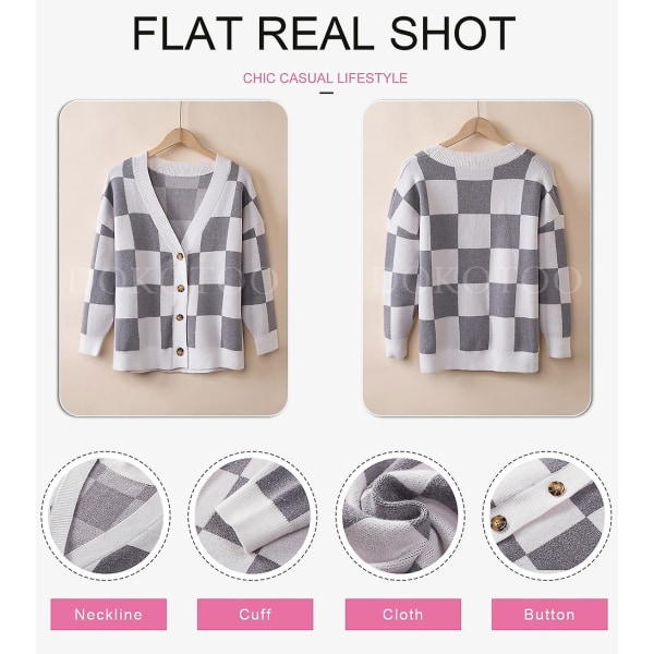 Dame Plaid V-hals Knap Ned Langærmet Kabelstrikket Oversized Cardigan Sweater Toppe Gray Medium