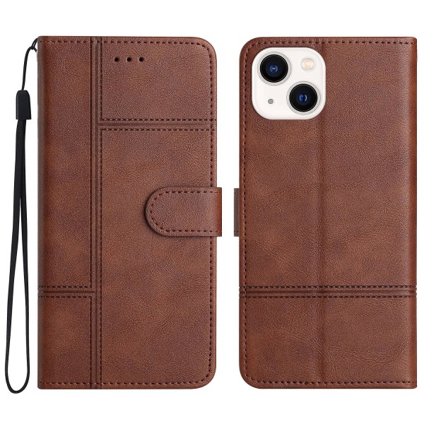 Læder Wallet Case til iPhone 15, Linje Præget Ko Læder Tekstur Stand Telefon Cover Coffee
