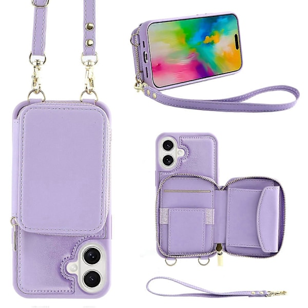 Til iPhone 16 Plus Cover RFID Blokerende Lynlås Pung Læder Telefon Cover med Stropper - Rosaguld Multicolor Purple