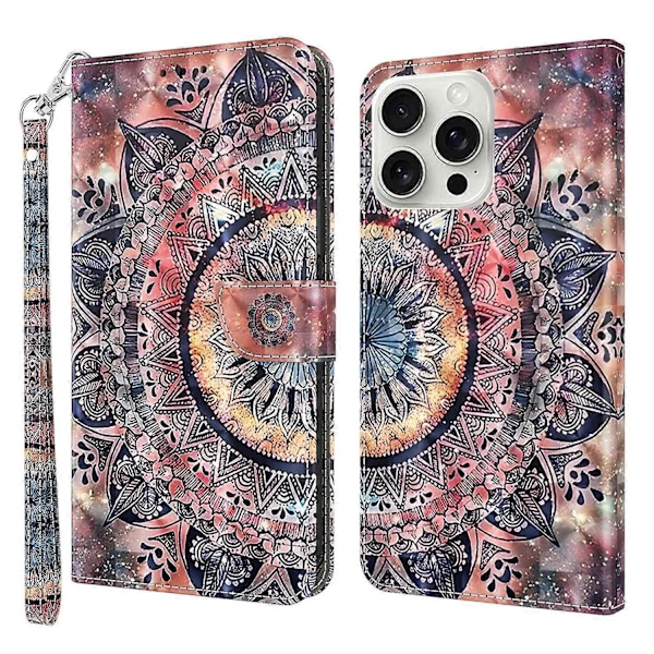 Til iPhone 16 Pro Etui Stativ Mønsterprint Læder Telefon Cover - Stående Kat Multicolor Color Mandala