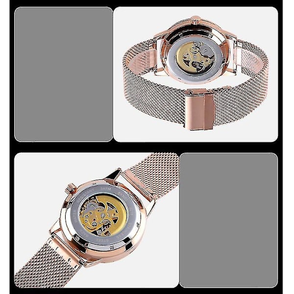 Skmei 9216 Men Sketon Automatic Mechanical Watch Rose Gold Shell Blue Noodle