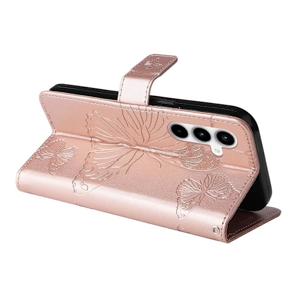 Plånboksfodral för Samsung Galaxy A35 5G, blommigt fjärilsmönster, läderfodral med stativ Multicolor Rose Gold