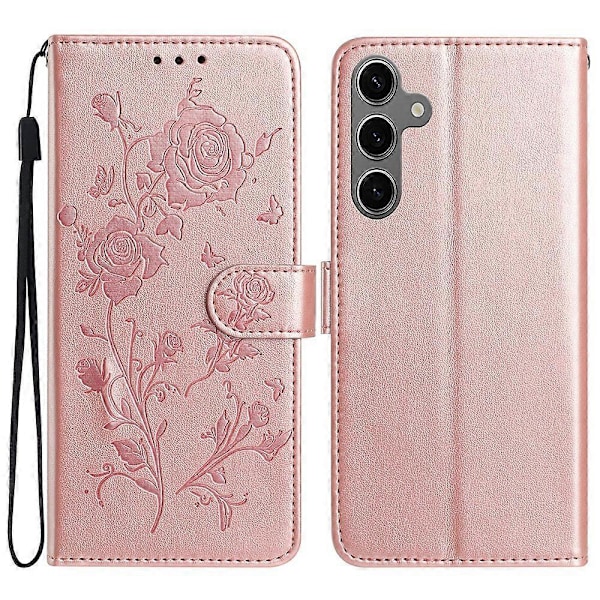 Til Samsung Galaxy S25/S24 Wallet Case Rose Mønster Præget Læder Flip Stand Telefon Cover Multicolor Rose Gold