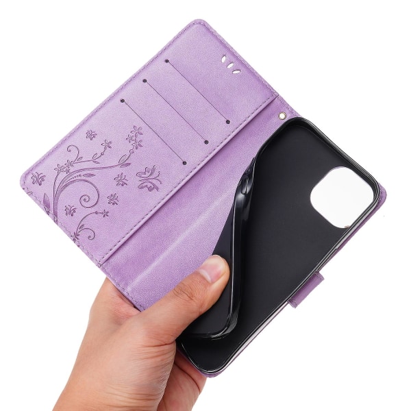 För Iphone 15 Plus Pu Läder Cover Phone case Imprinted Butterflies Shell Stand with rem Light Purple