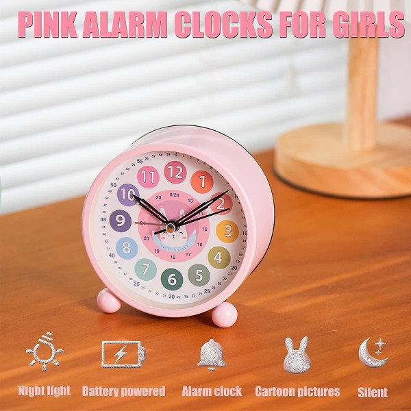 Barnväckarklocka för flickor,små väckarklockor vid sängen för sovrum, söta inlärningstid väckarklockor Batteridriven (rosa kanin)