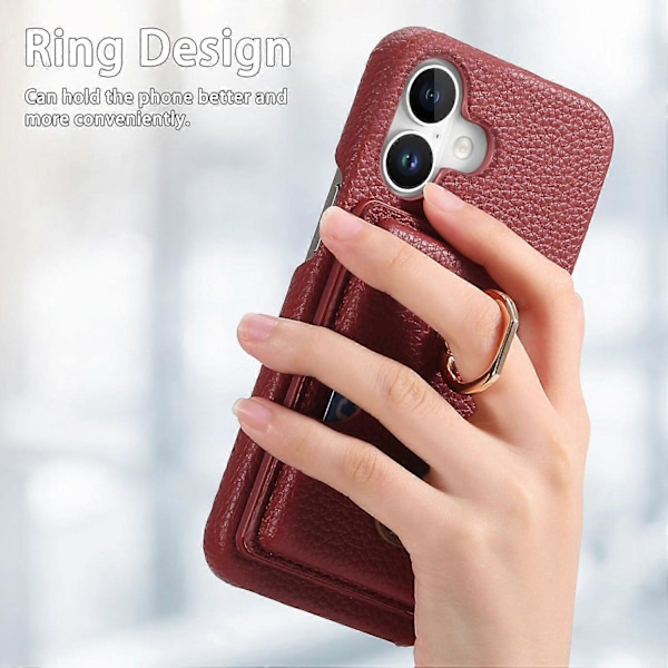 Y2 Fodral till iPhone 16 med Ringhållare, Ställ, Kortfack, Läder Skal - Date Apricot Multicolor Red