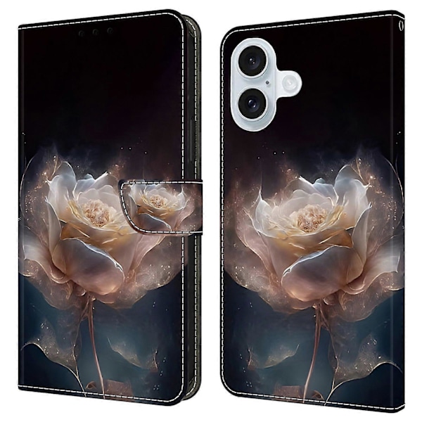 För iPhone 16 Skal Mönstertryckt Skyddande Läder Flip Fodral - Panda Multicolor Peony