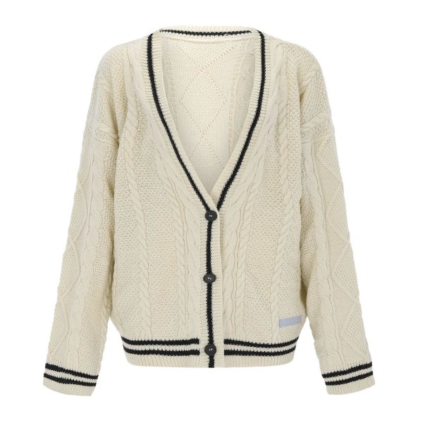 Dame Åben Front Kabelstrikket Cardigan Langærmet Knaplukket Sweater V-hals Stribet Sweaterjakke Oversized XL