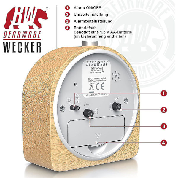 Analog Vækkeur Uden Tikken - Halvcirkelformet - Lyst Træ - Retro Design - Lydløs - Rejsevækkeur - Snooze Funktion