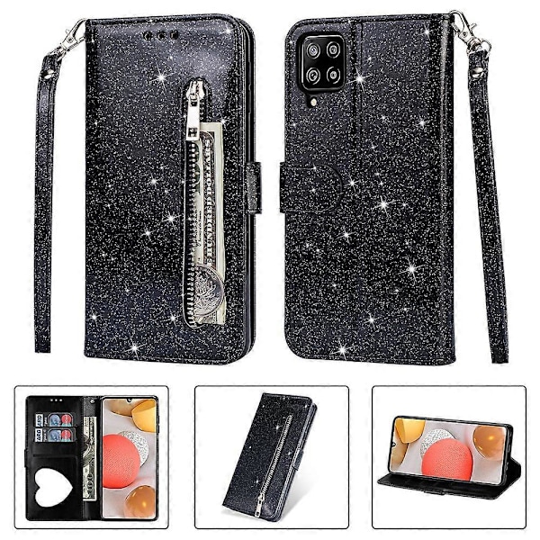 Flash Powder Lynlåslommepung Flip Læder Telefon Cover med Rem til Samsung Galaxy A12 Multicolor Style A