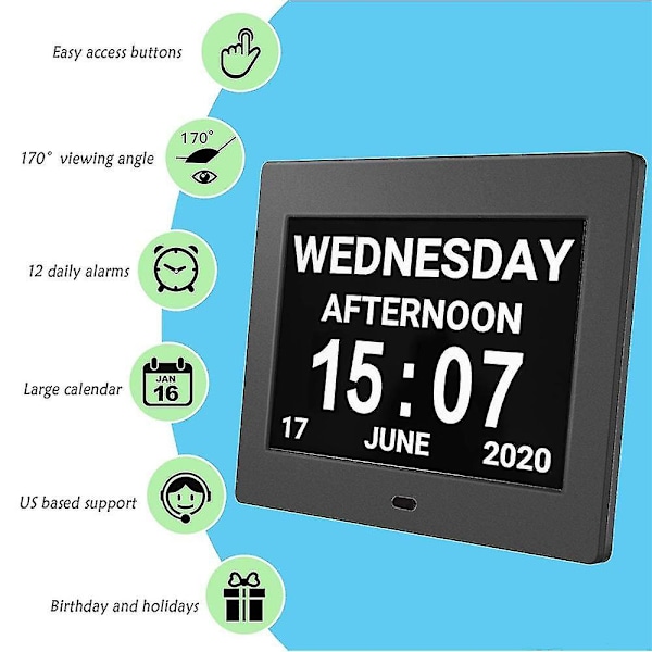 Digital kalenderväckare Dagklocka med 8" stor skärm, Am Pm, 5 väckarklockor, demensklockor Led elektronisk skrivbordskalender Äldre väckarklocka Perpet Black