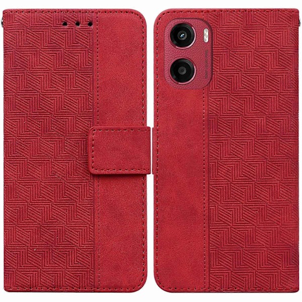 Til Motorola Moto G05 4G/E15 4G Etui Geometrisk Mønster Læder Wallet Telefon Cover med Håndledsrem Multicolor Red