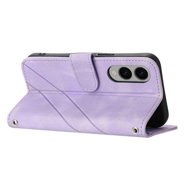 Samsung Galaxy S25 Edge -kotelolle painettu viivakuvioinen nahkainen puhelinkotelo kätevällä hihnalla Multicolor Purple