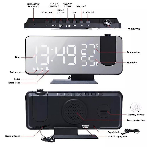 Projektions Vækkeur, Digitalt Vækkeur Med Projektion, Radio Vækkeur Med Usb-Tilslutning, Stort Led Display, Snooze Dobbelt Alarm, Projektion B
